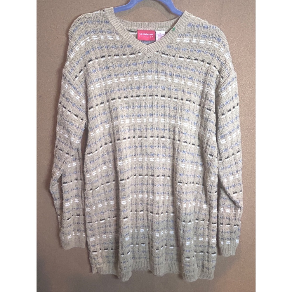 Liz Claiborne Liz & Co Sweater Mens Medium Tan Blue Striped V-Neck Knit Pullover